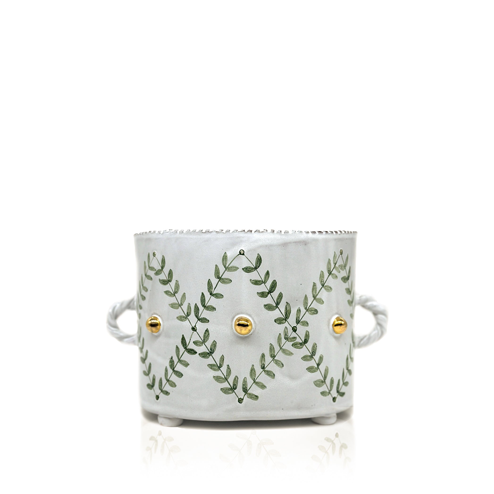 Green Laurel Gold Ornaments Tulipiere Vase with Twisted Handles, 16cm