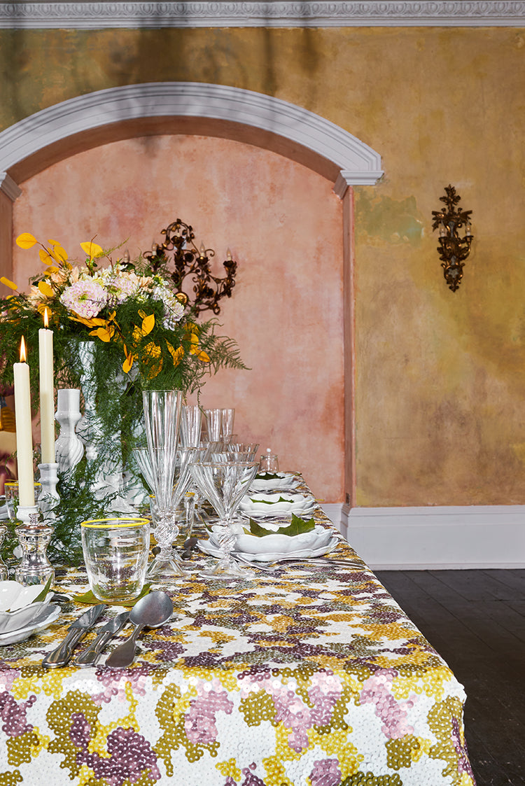 S&B Couture: 'London Plane' Sequin Table Gown in Khaki, Yellow, Dusty Pink and White