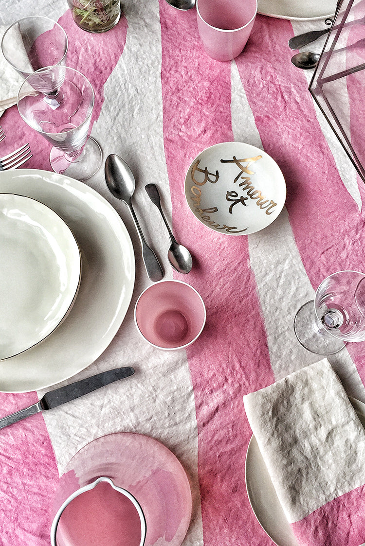 'Amour' Word Linen Tablecloth in Rose Pink