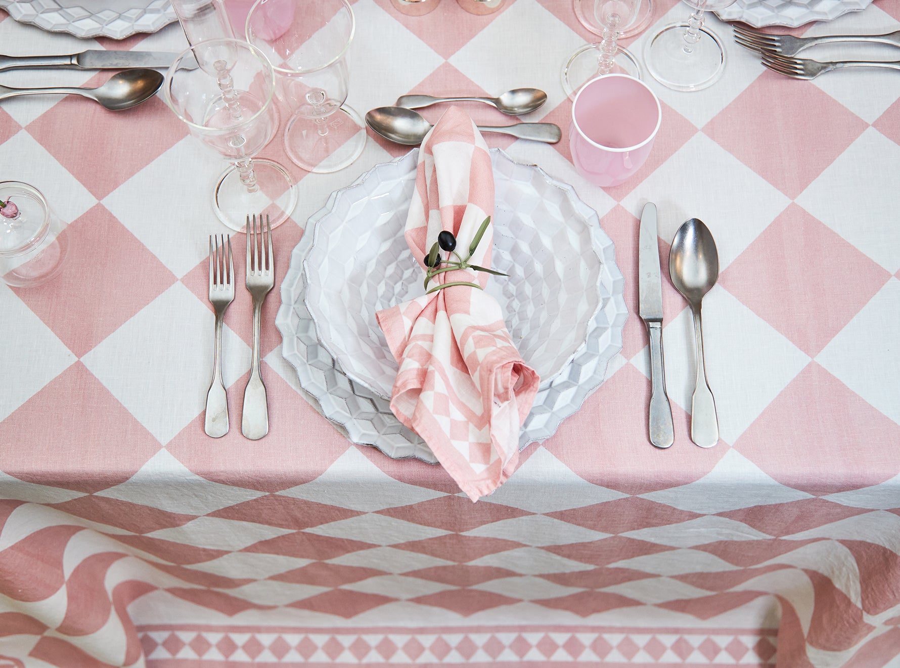 'Pink Check' Summerill & Bishop x Claridge's Linen Napkin, 50x50cm