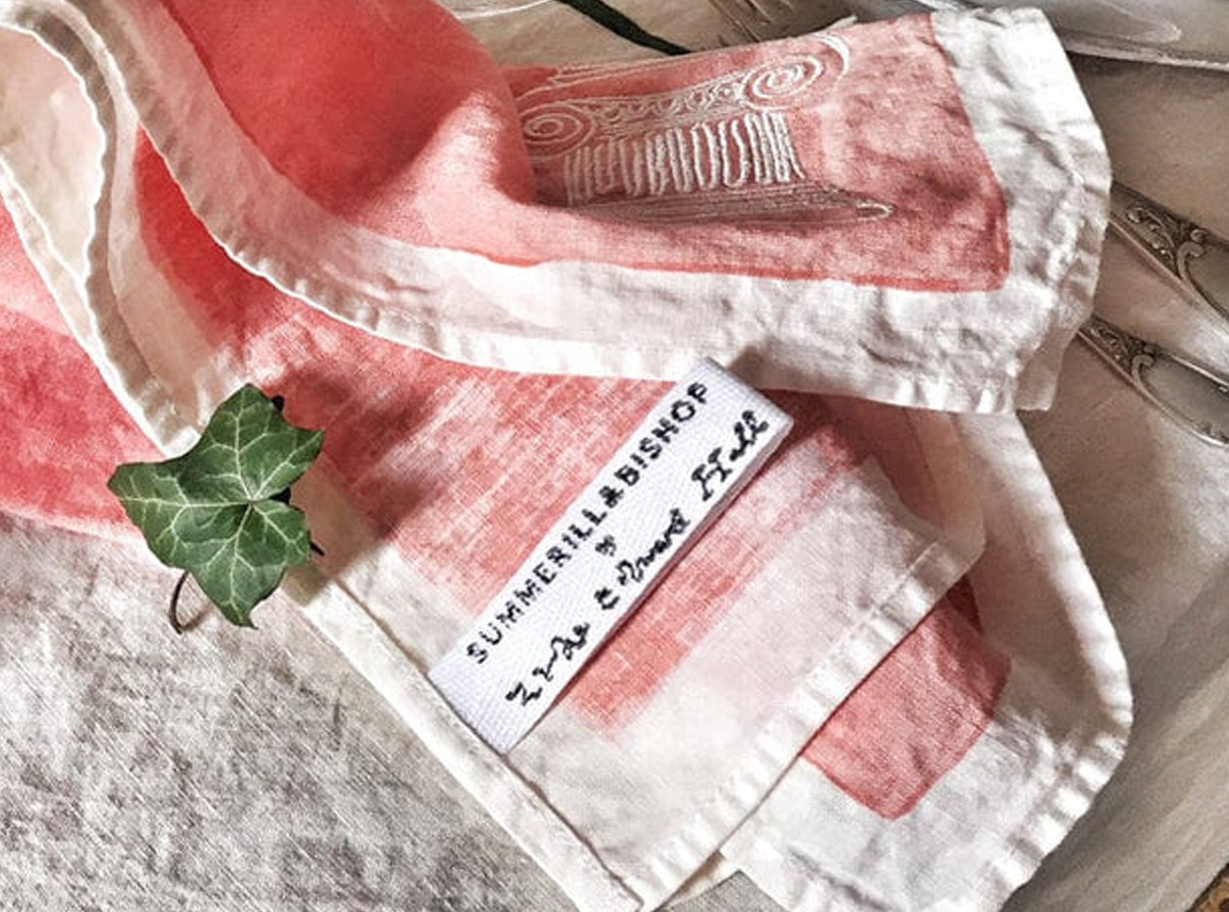 'Ionic Column' Summerill & Bishop Luke Edward Hall Linen Napkin in Coral Pink, 50x50cm