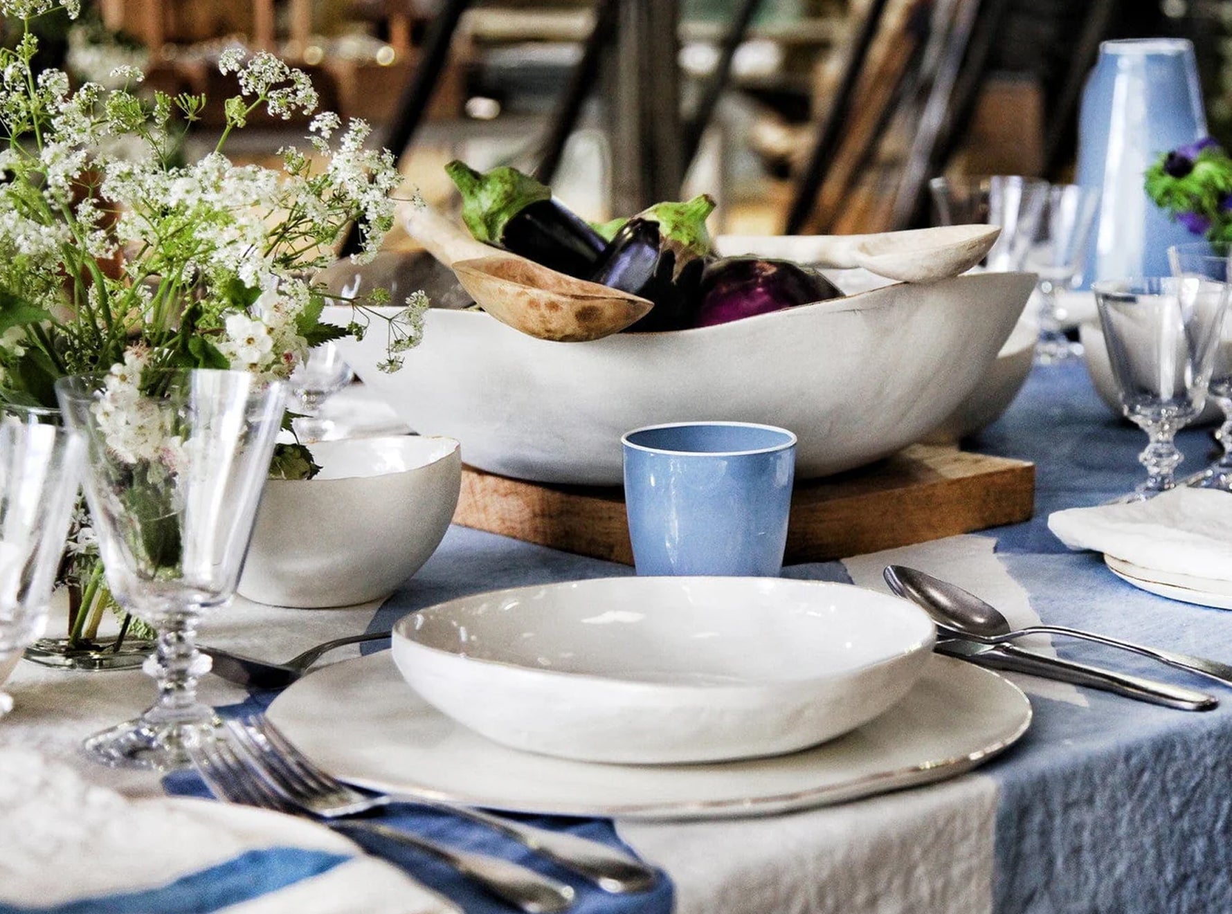 'Ocean' Word Linen Tablecloth in Waves of Blue