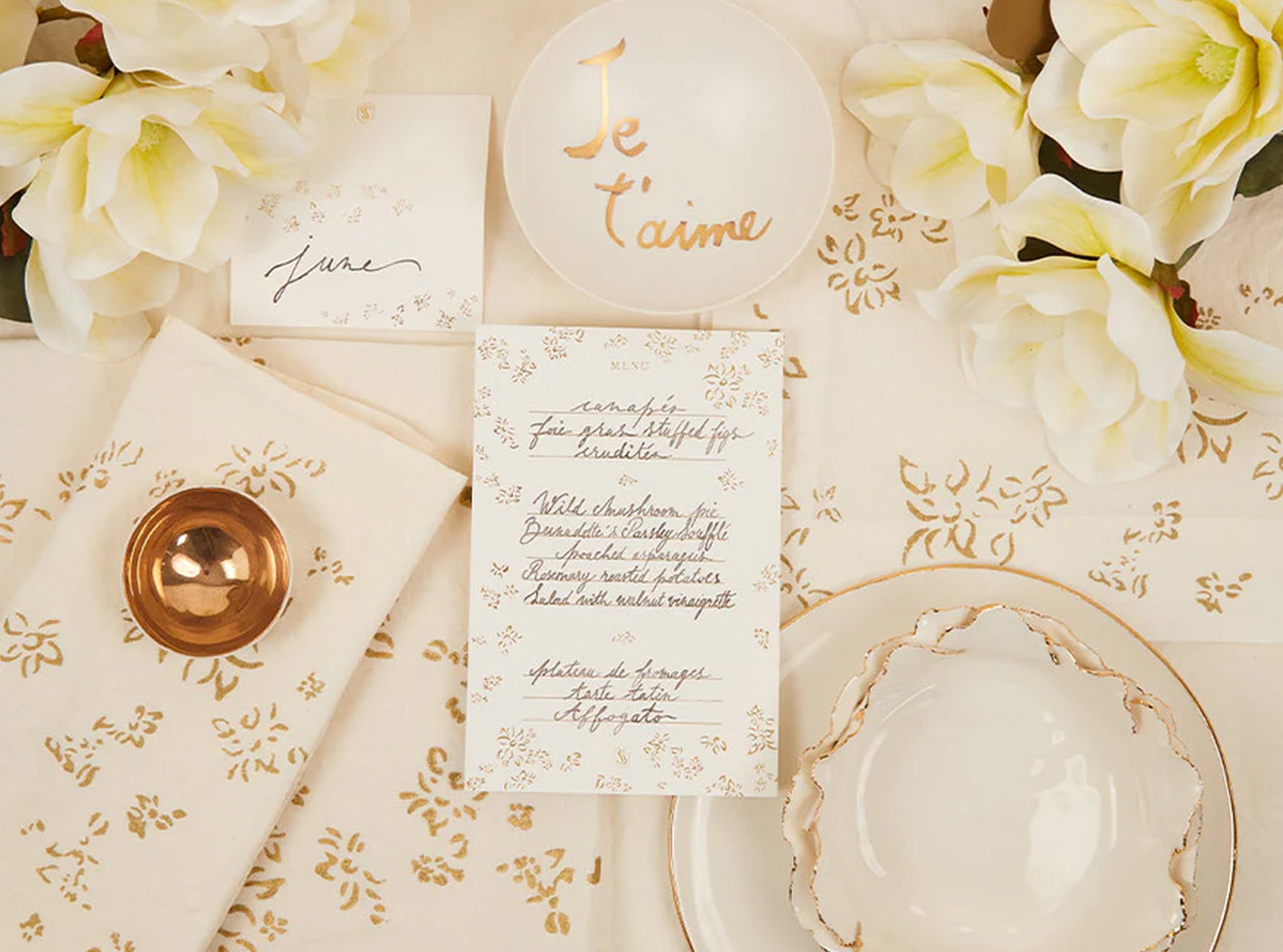 'Falling Flower' in Gold Foil Table Menu, Set of 12