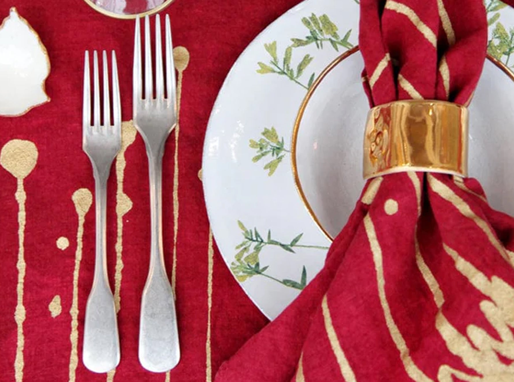 'Ink' Linen Tablecloth in Claret Red with Gold Drips