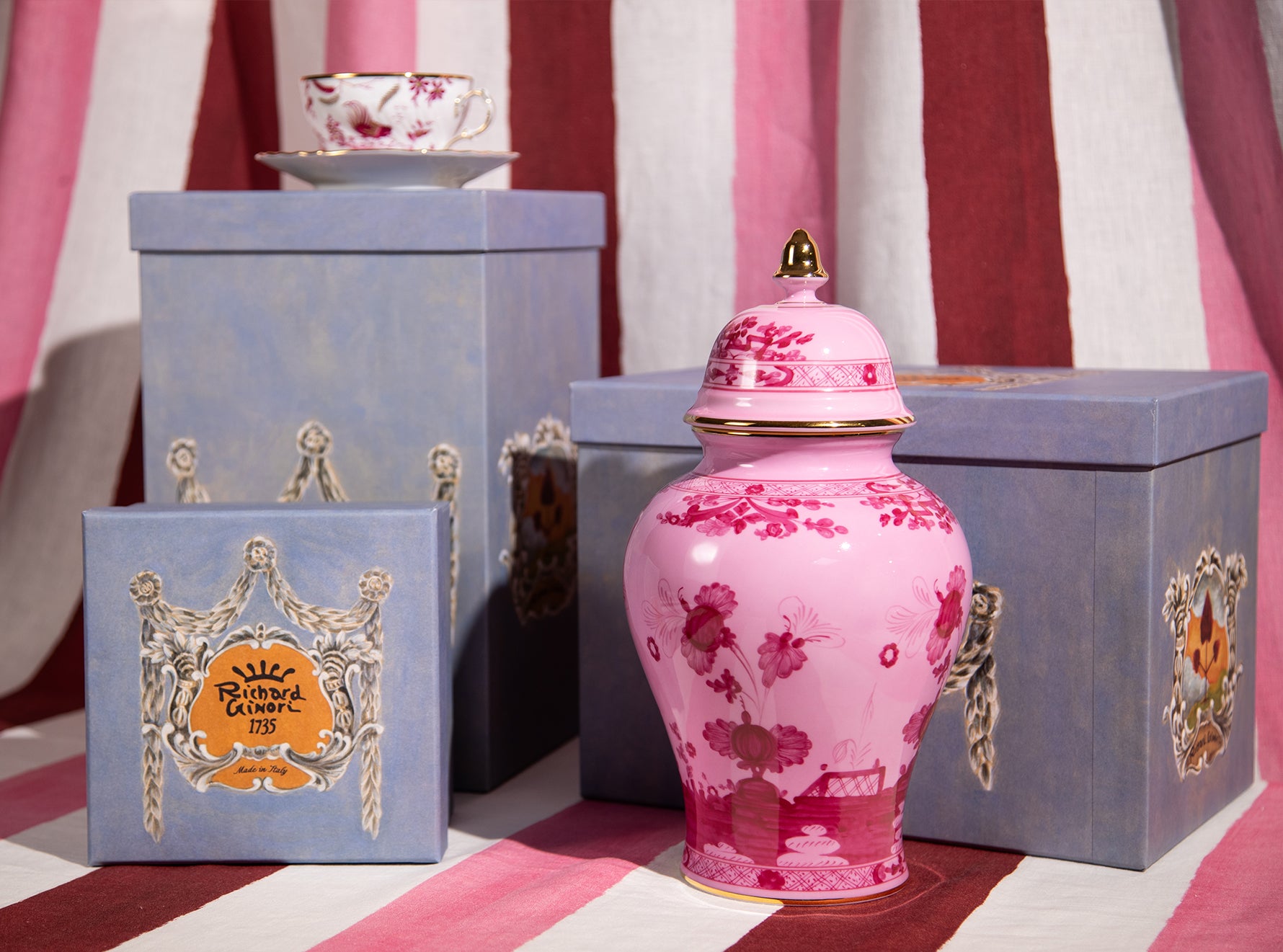 Ginori 1735 Oriente Italiano Pink Gold Rim Potiche Vase with Cover, 31cm