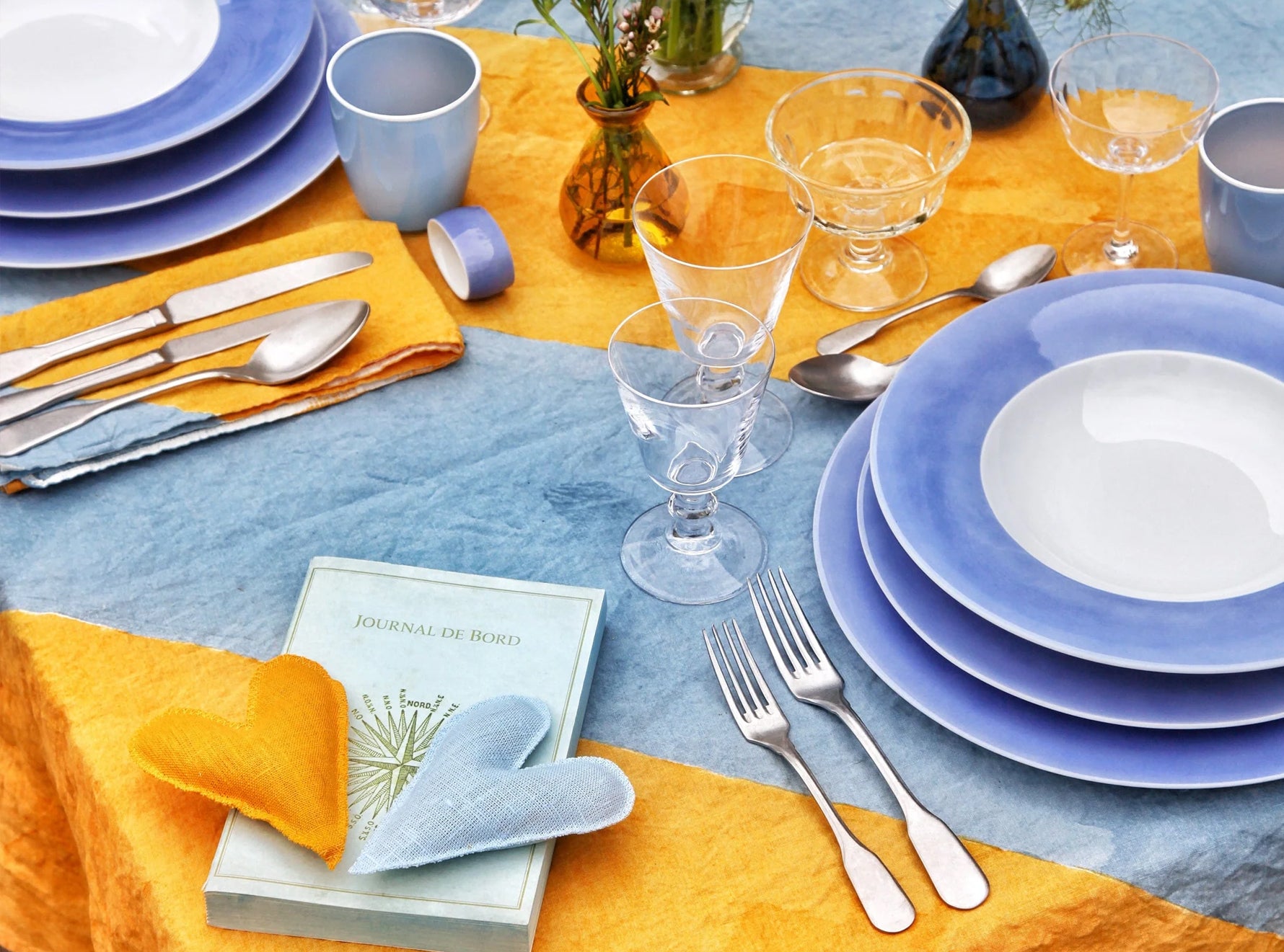 'Stripe' Linen Tablecloth in Mustard Yellow and Pale Blue