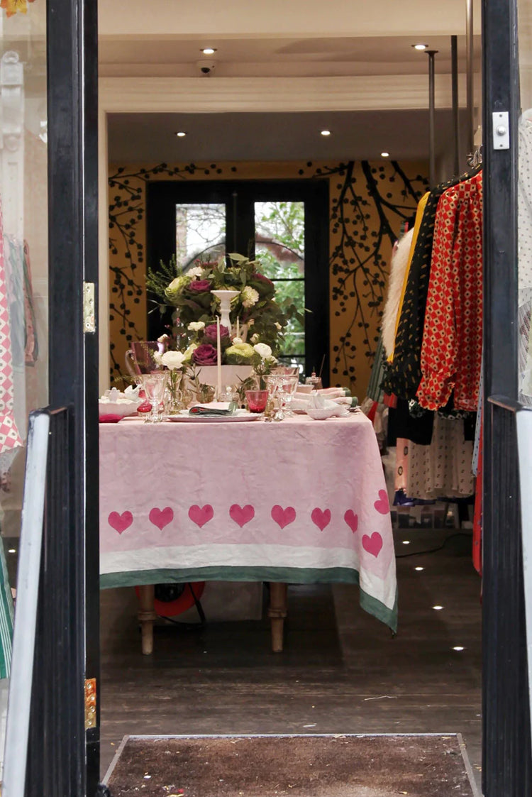 Summerill & Bishop x Lisou Heart Linen Tablecloth in Petal Pink and Forest Green