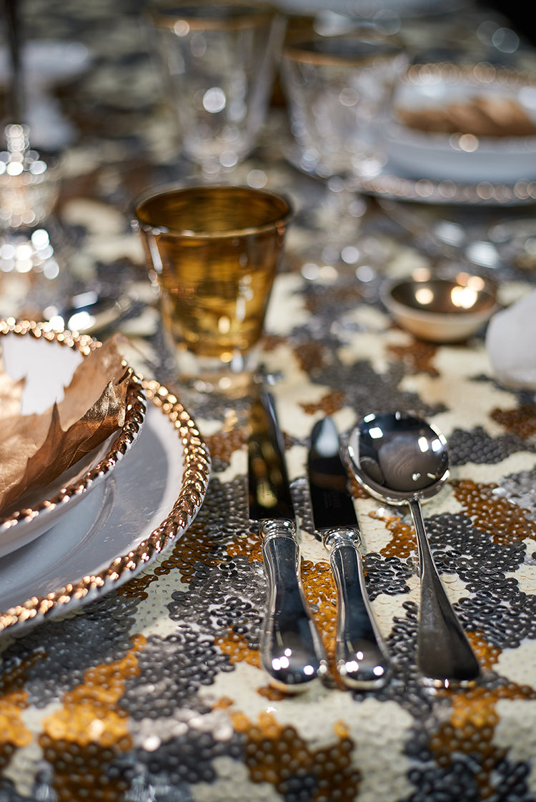 S&B Couture: 'London Plane' Sequin Table Gown in Gold, Silver and White