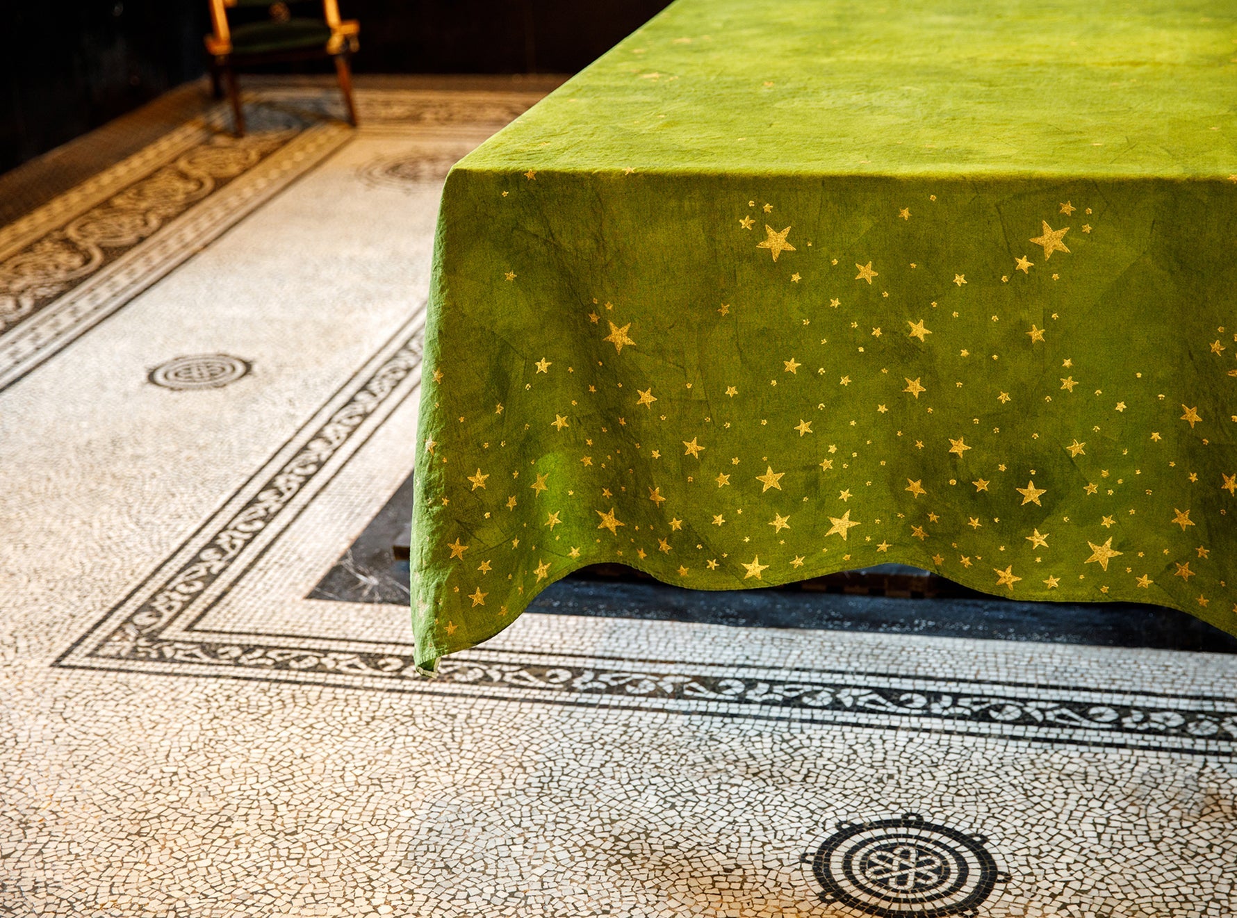 Falling Stars Linen Tablecloth in Avocado Green with Gold Stars