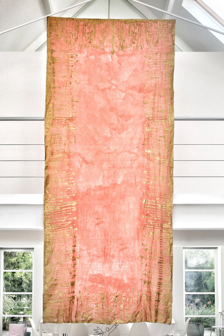 Ink Linen Tablecloth in Deep Pink with Gold Drips