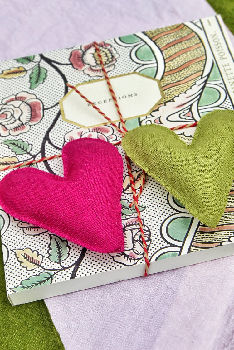 'Stripe' Linen Tablecloth in Avocado Green and Pale Pink