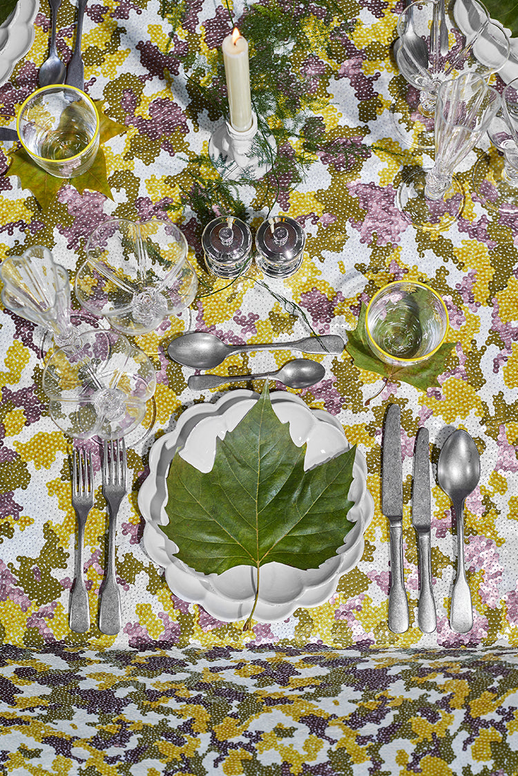 S&B Couture: 'London Plane' Sequin Table Gown in Khaki, Yellow, Dusty Pink and White