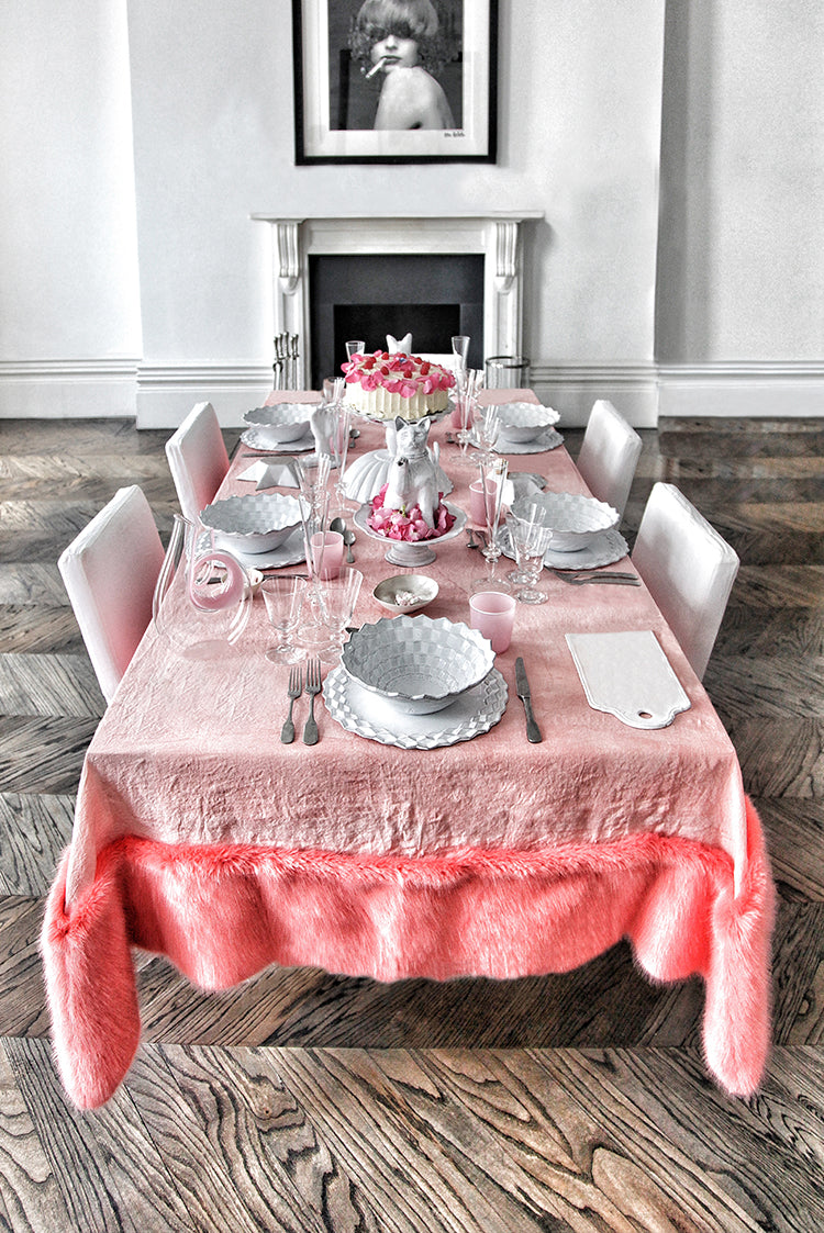 Summerill & Bishop x Shrimps Hand Painted Linen and Faux Fur Tablecloth in Powder Pink