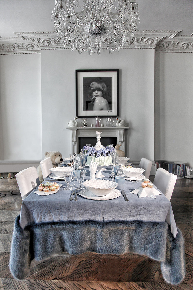 Summerill & Bishop x Shrimps Hand Painted Linen and Faux Fur Tablecloth in Powder Blue
