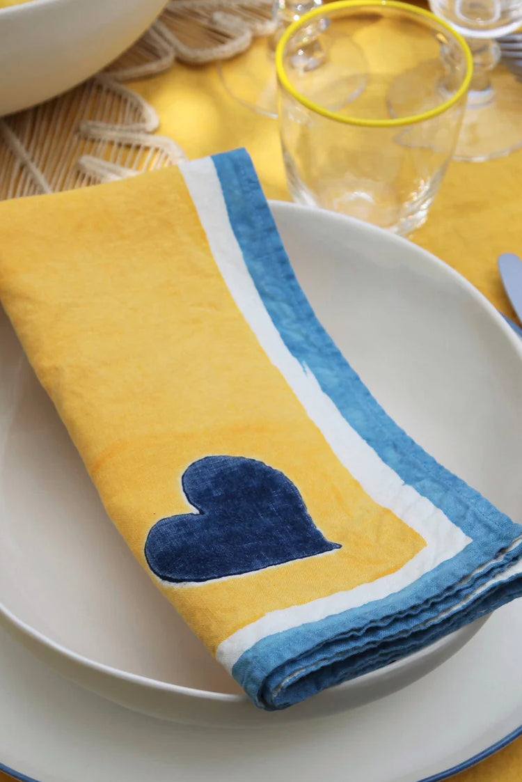 Summerill & Bishop x Lisou Heart Linen Napkin in Light Blue and Yellow, 50x50cm