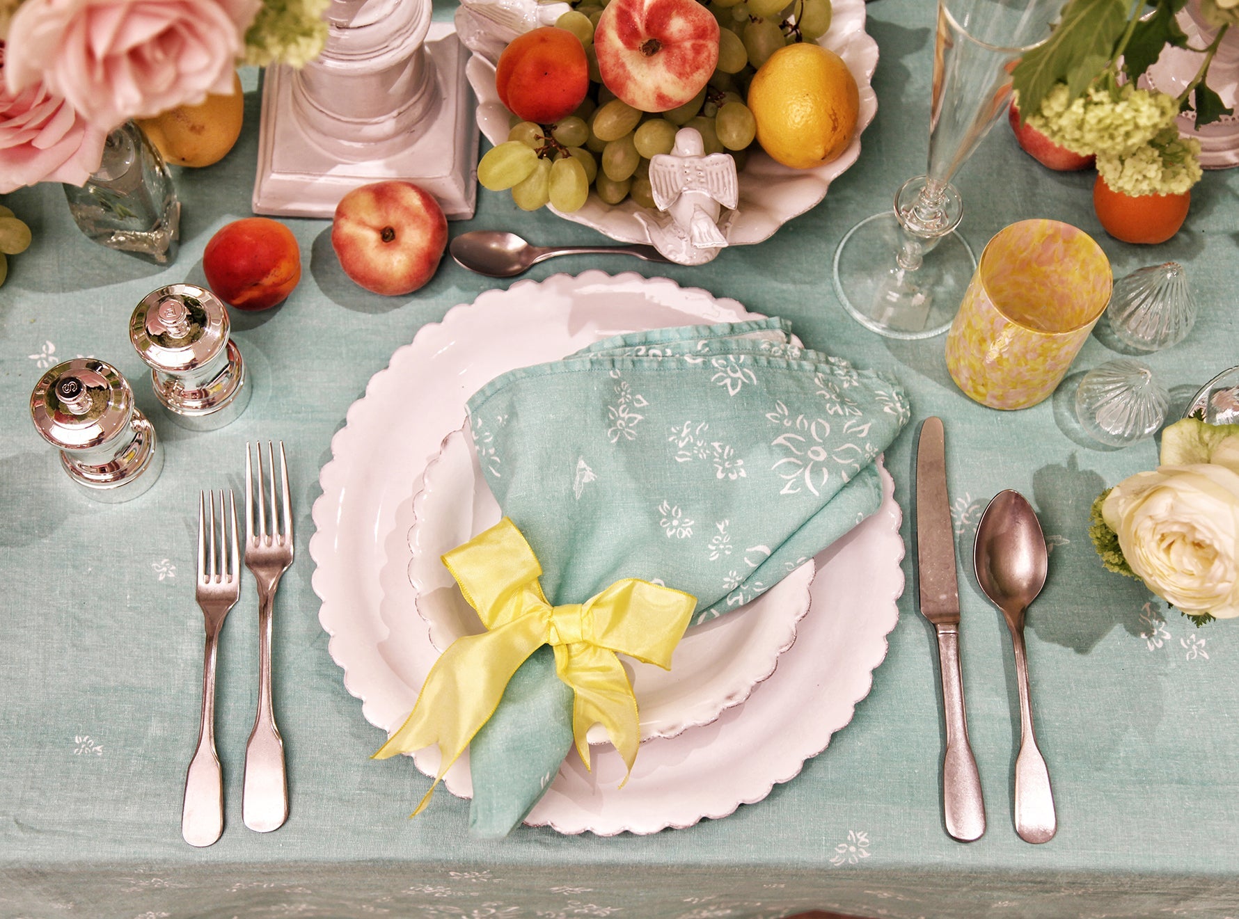 'S&Bee Falling Flower' Linen Tablecloth in Celadon Blue