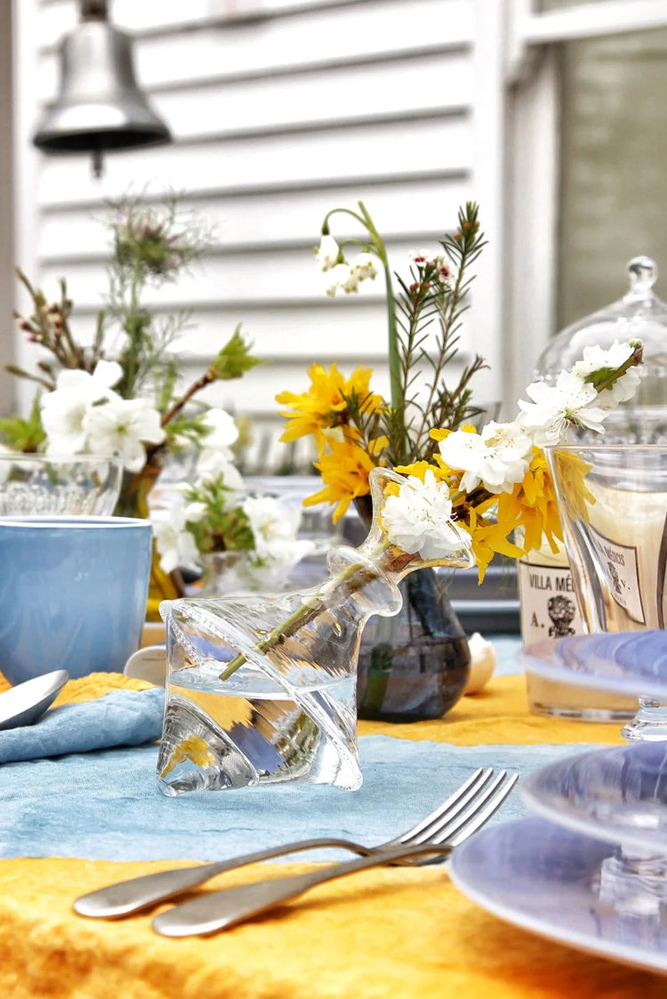 'Stripe' Linen Tablecloth in Mustard Yellow and Pale Blue