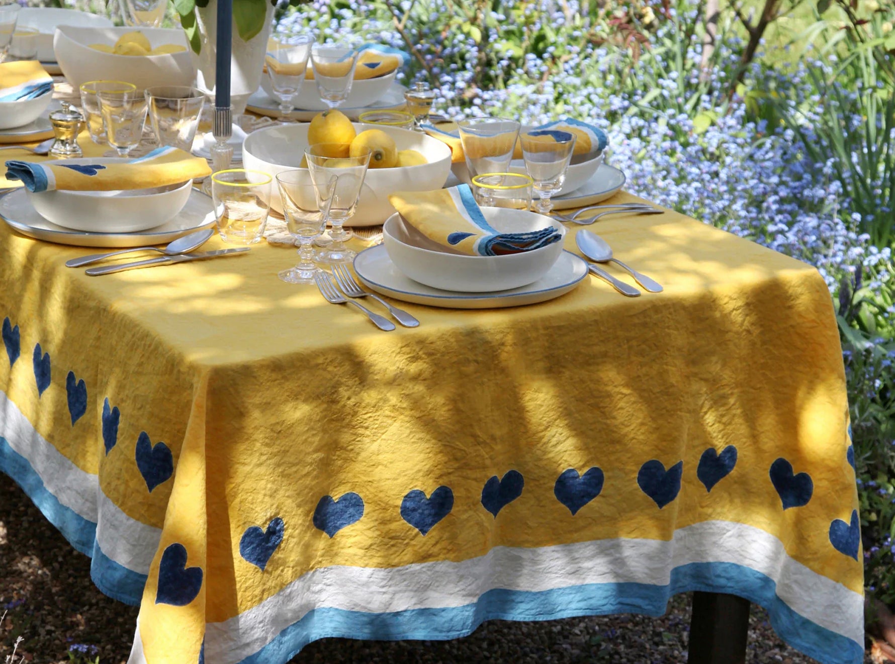 Summerill & Bishop x Lisou Heart Linen Napkin in Light Blue and Yellow, 50x50cm