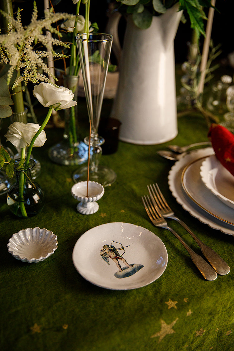 Falling Stars Linen Tablecloth in Avocado Green with Gold Stars