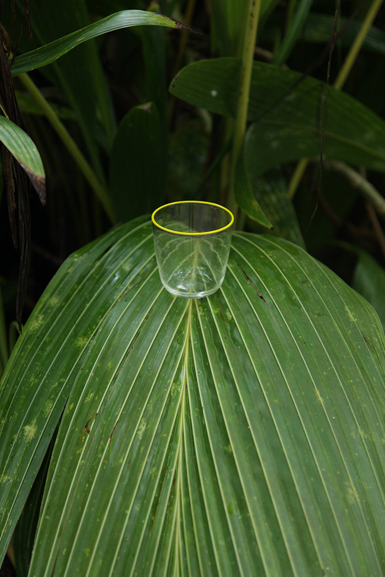 Handblown Clear Bumba Glass Tumbler with Lemon Yellow Rim, 30cl