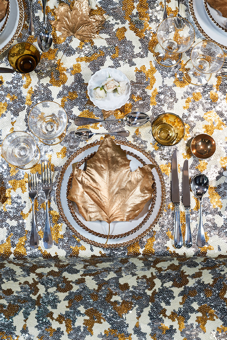 S&B Couture: 'London Plane' Sequin Table Gown in Gold, Silver and White