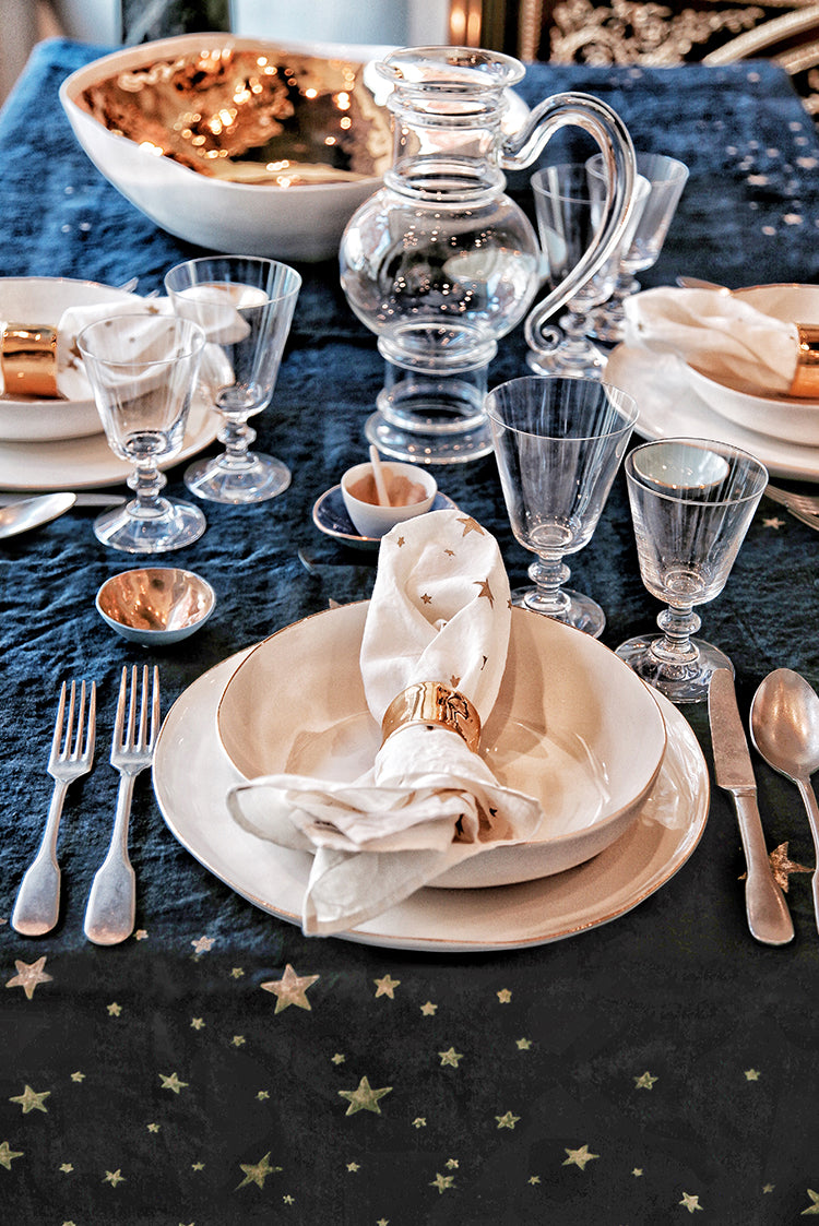 Falling Stars Linen Tablecloth in Ink Blue with Gold Stars