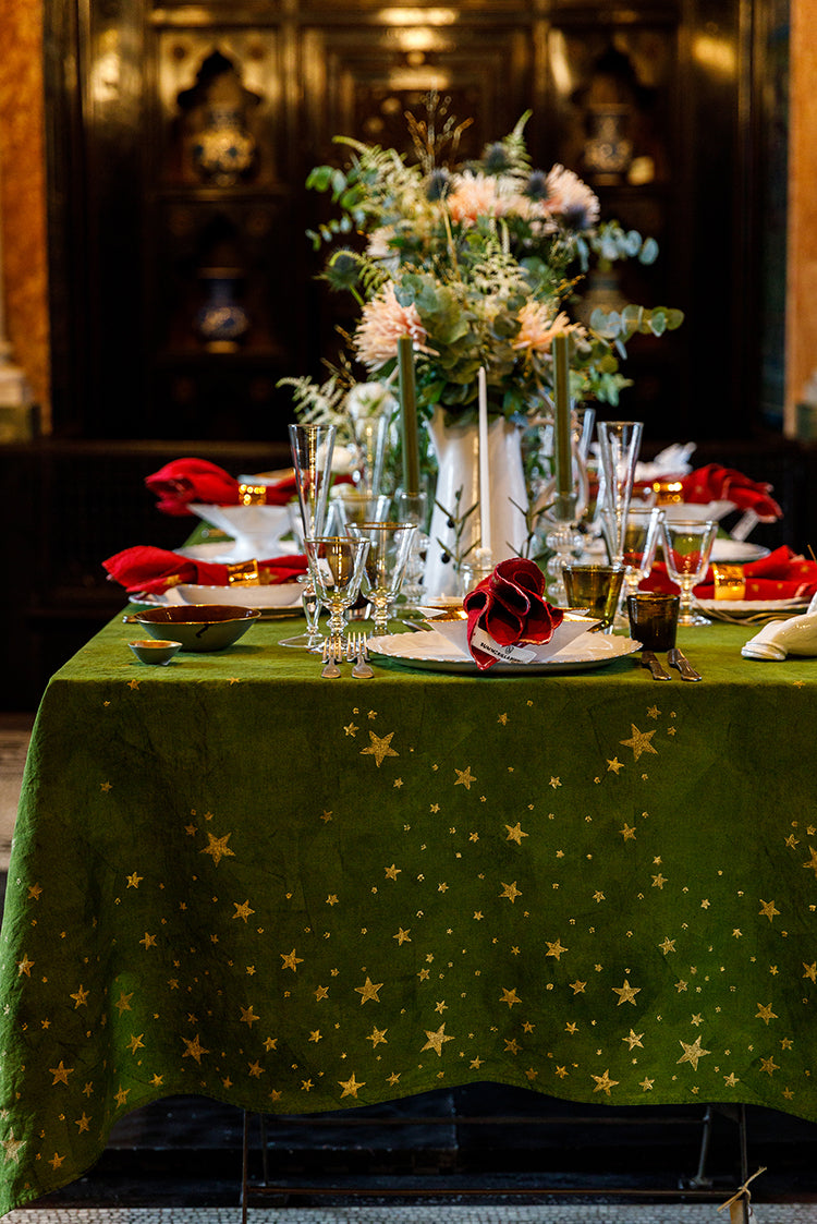 Falling Stars Linen Tablecloth in Avocado Green with Gold Stars