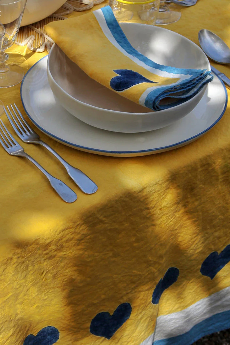 Summerill & Bishop x Lisou Heart Linen Napkin in Light Blue and Yellow, 50x50cm