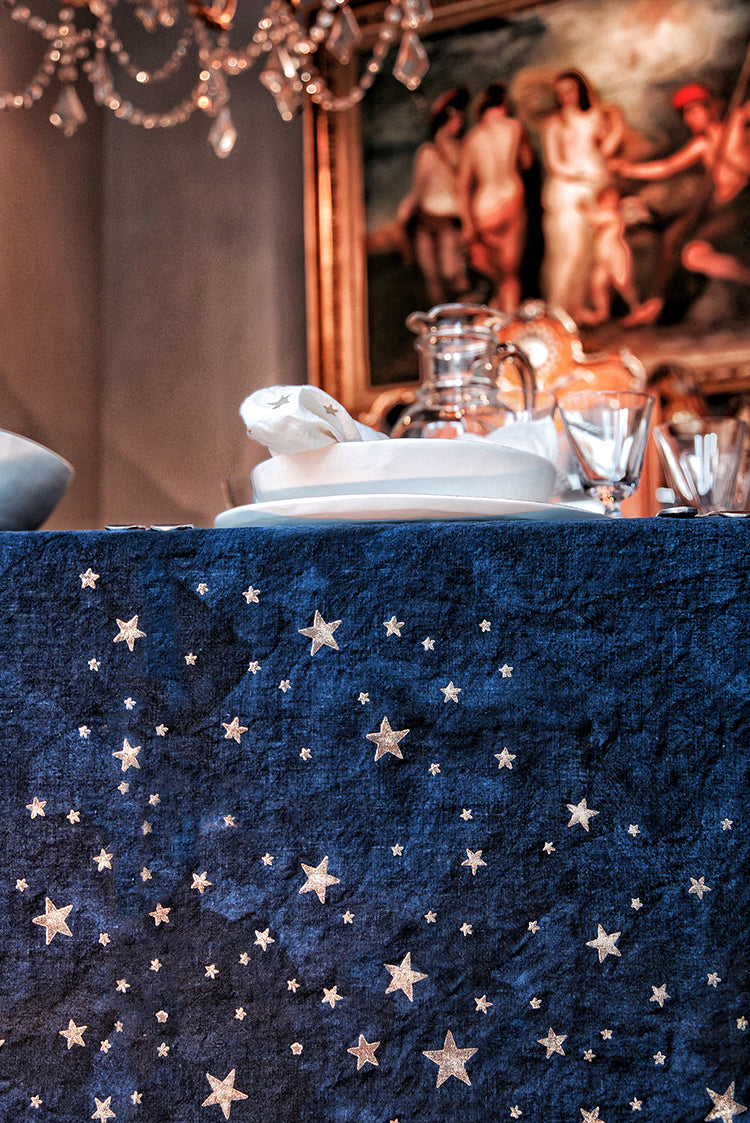 Falling Stars Linen Tablecloth in Ink Blue with Gold Stars