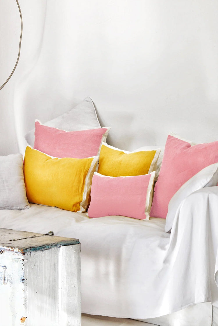 Hand Painted Linen Cushion in Mustard Yellow, 50cm x 30cm