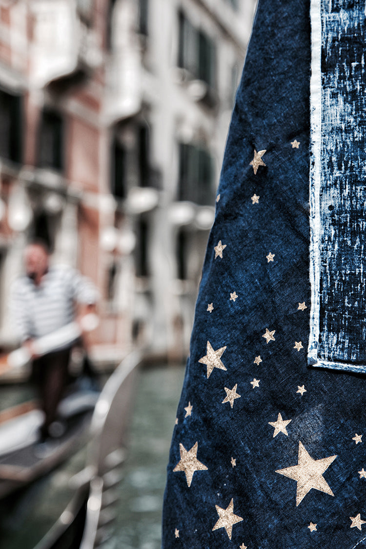 Falling Stars Linen Tablecloth in Ink Blue with Gold Stars