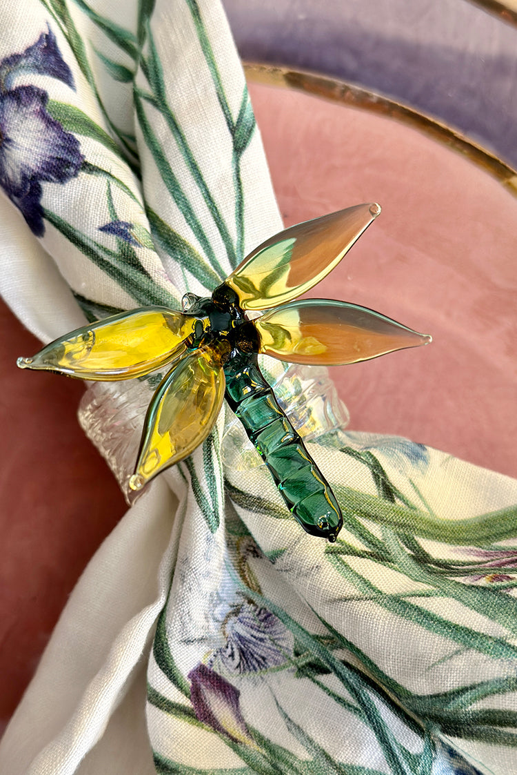 S&B Exclusive Handblown Glass Dragonfly Napkin Ring in Green & Yellow