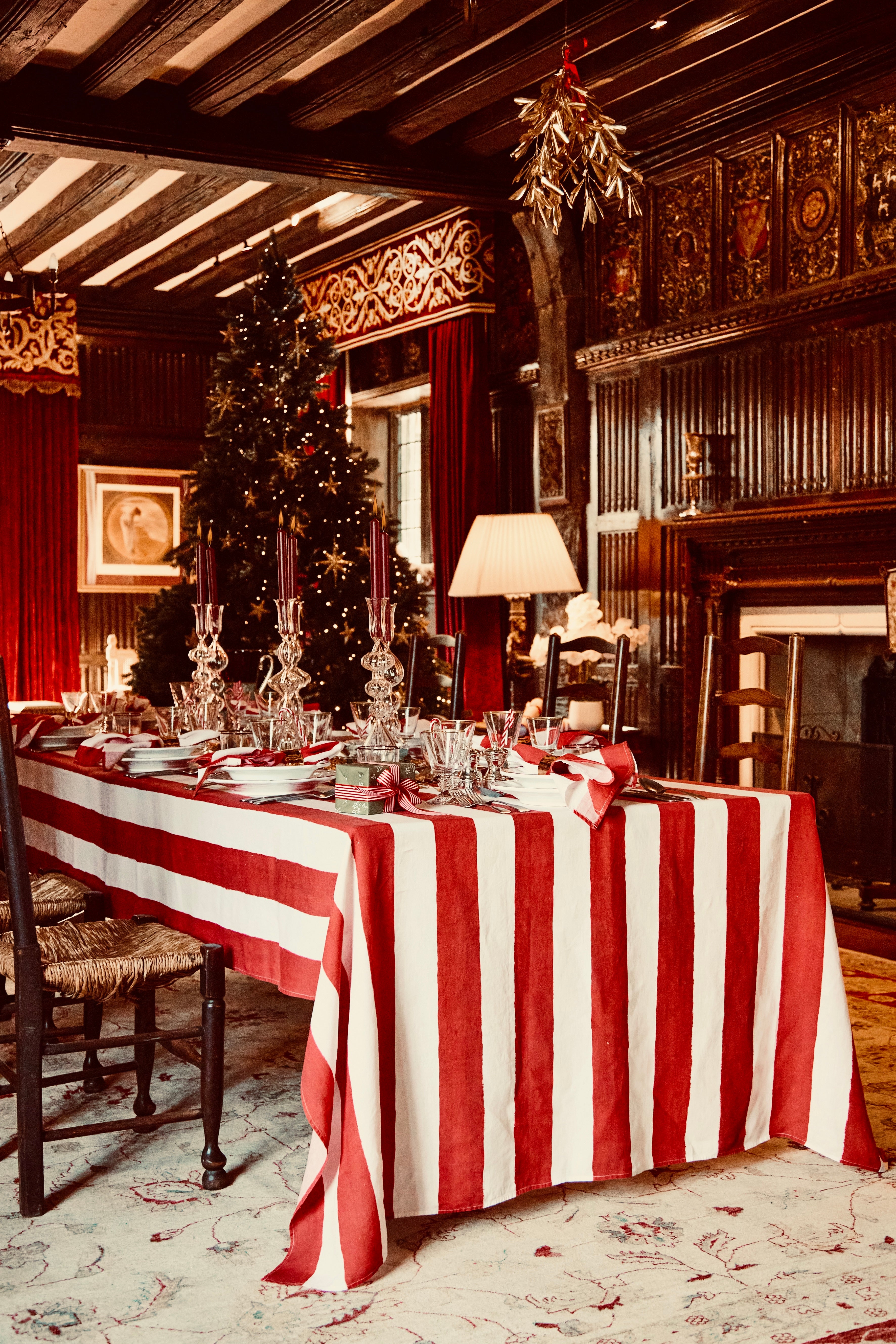 'Stripe' Linen Napkin in White & Red, 50x50cm