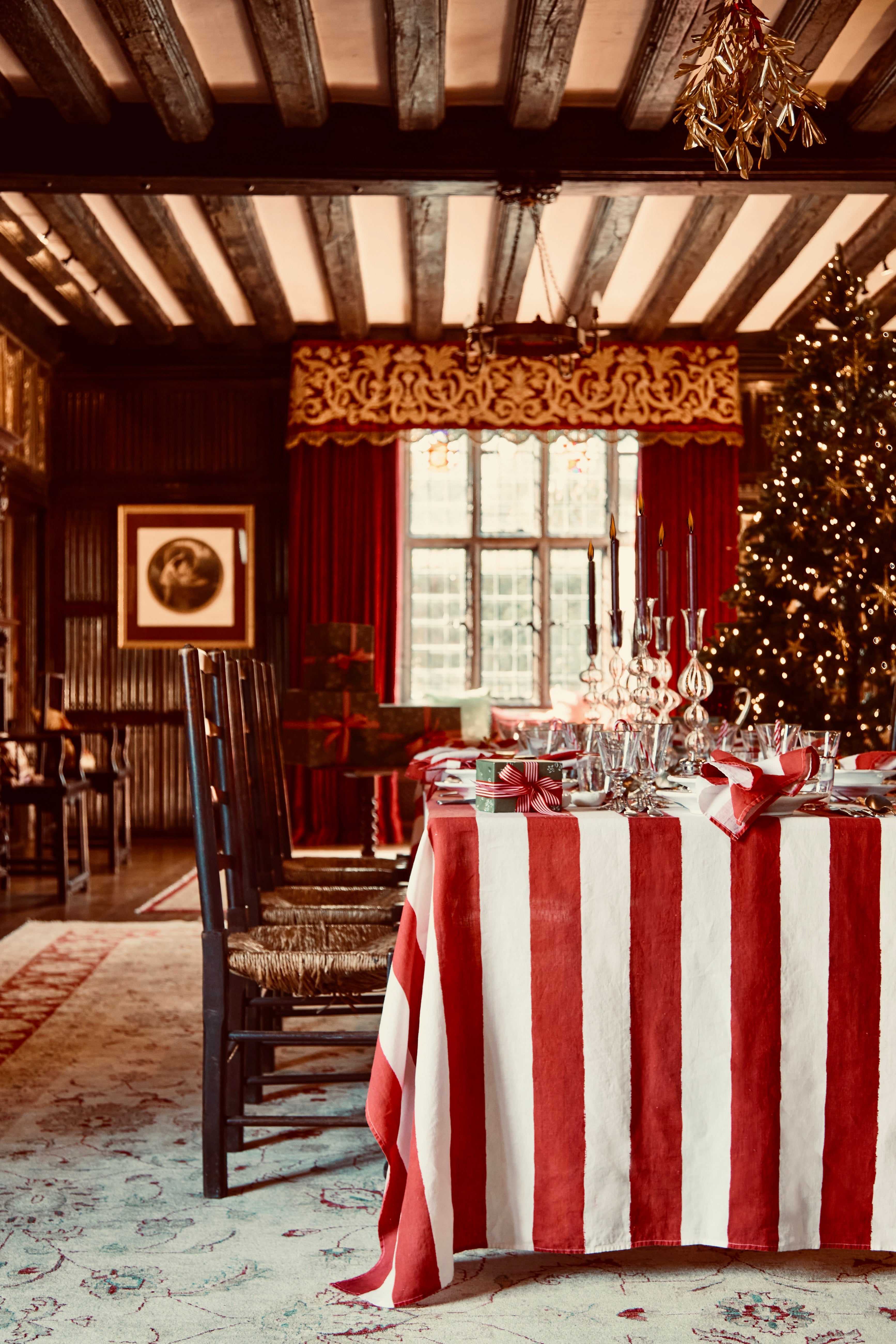 'Stripe' Linen Napkin in White & Red, 50x50cm