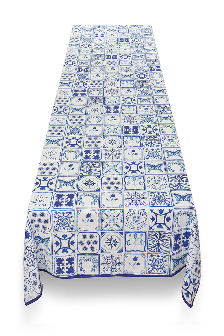 'Azulejos' Tile Linen Tablecloth in Blue