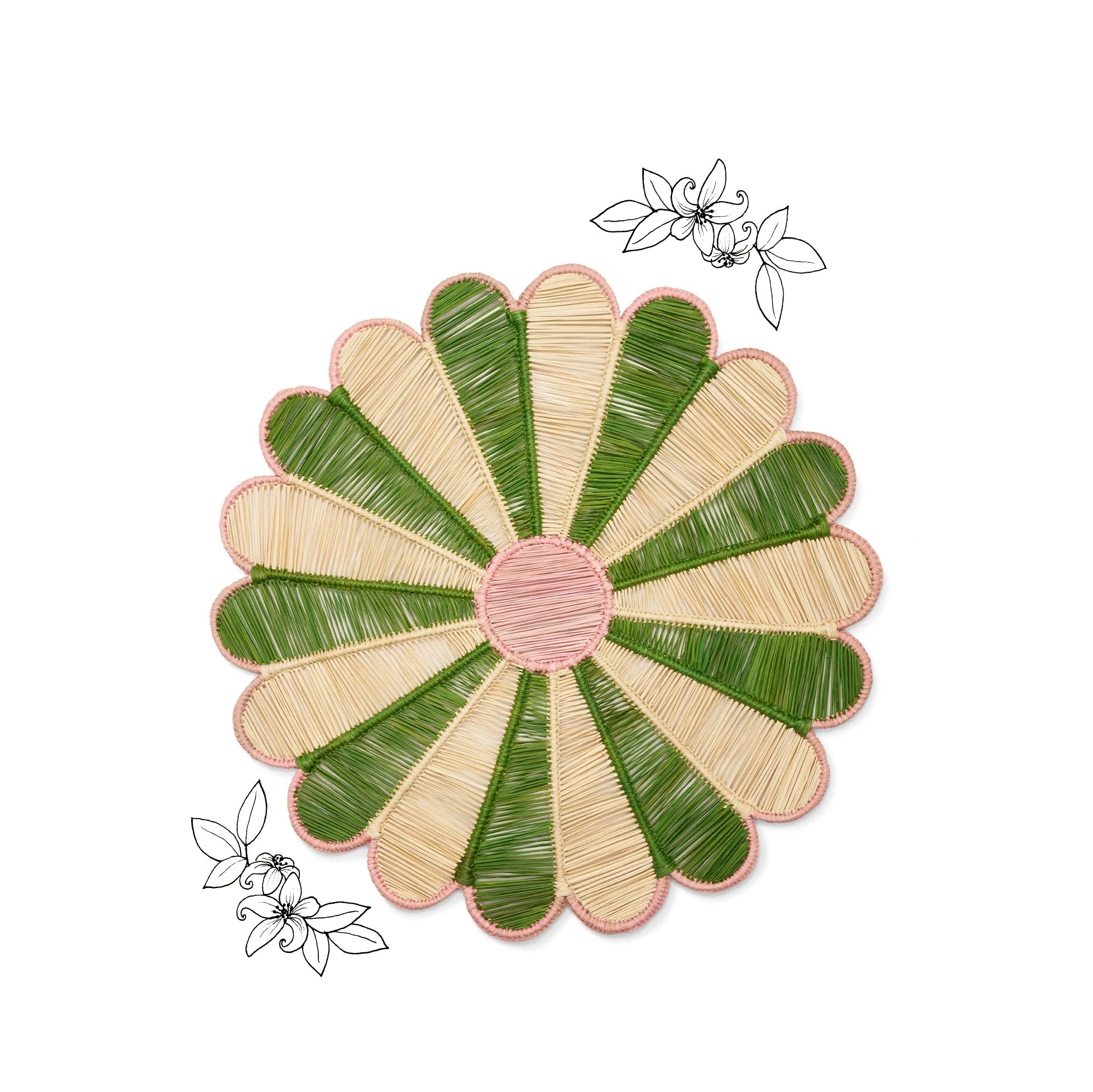 Margarita Woven Straw Placemat in Green & Pink, 37cm