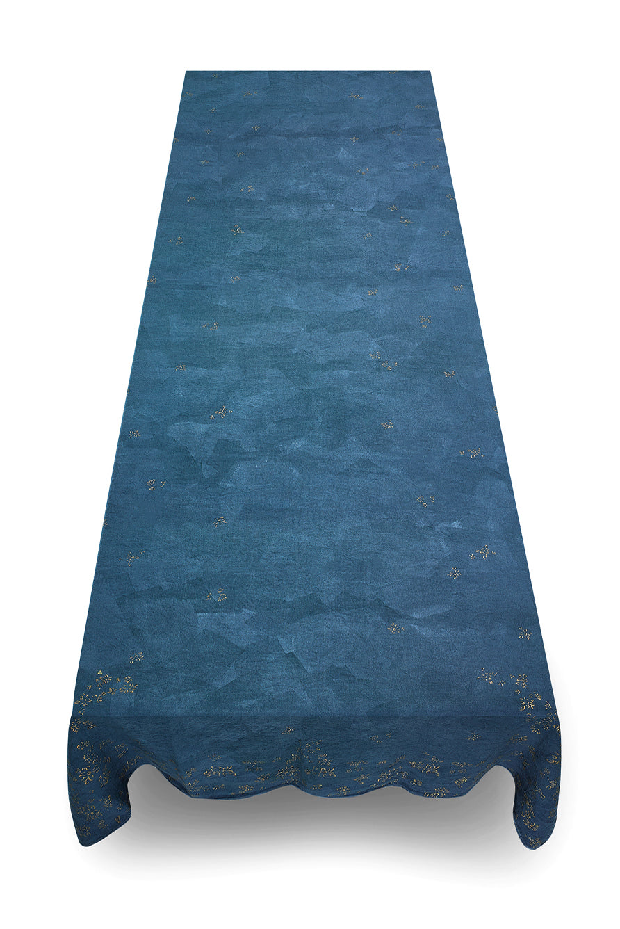 Bernadette's Hand Stamped Falling Flower On Full Field Linen Tablecloth in Deep Blue & Gold