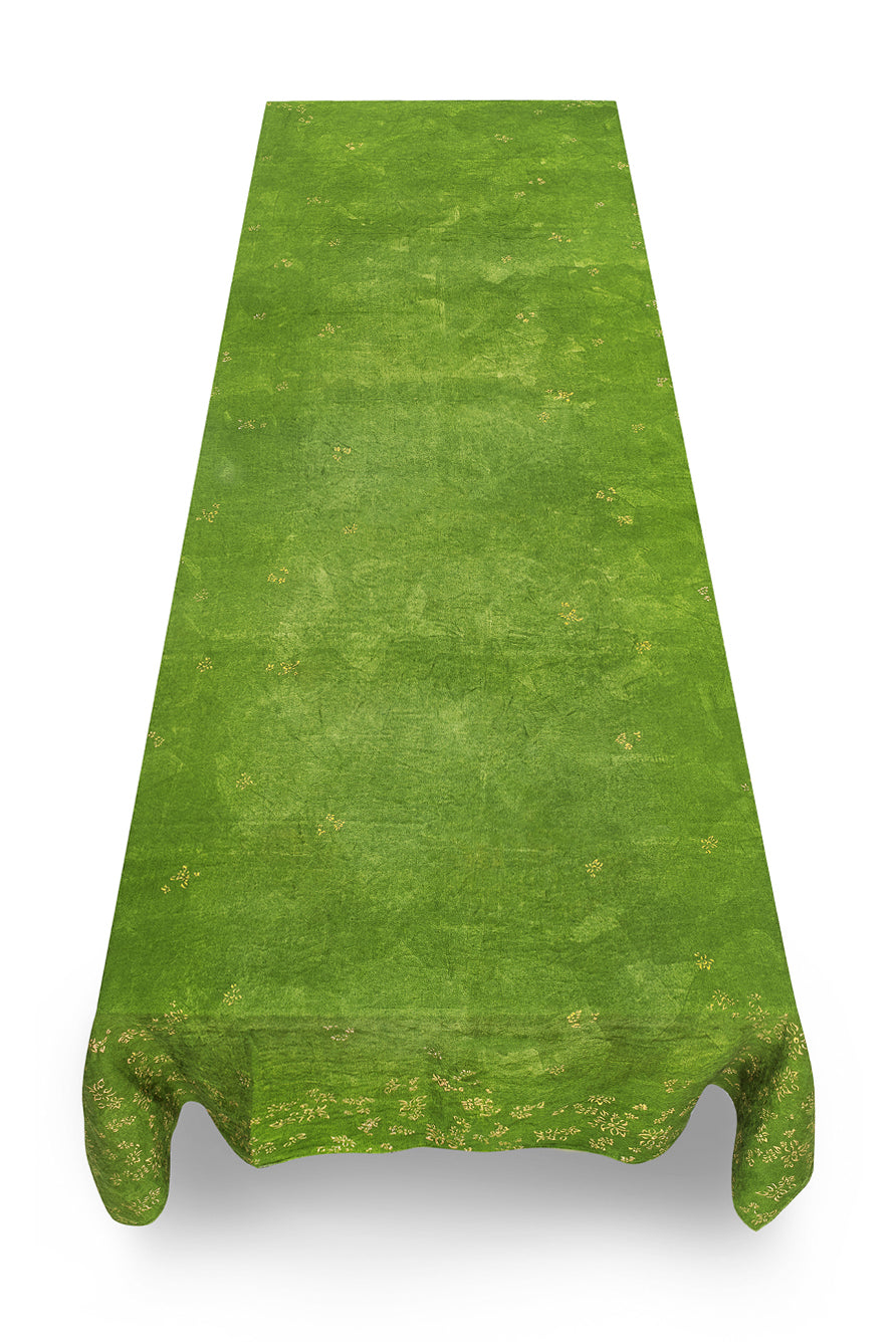 Bernadette's Hand Stamped Falling Flower On Full Field Linen Tablecloth in Avocado Green & Gold