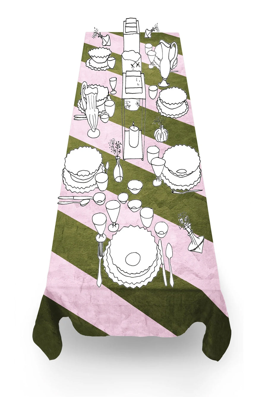 'Stripe' Linen Tablecloth in Avocado Green and Pale Pink