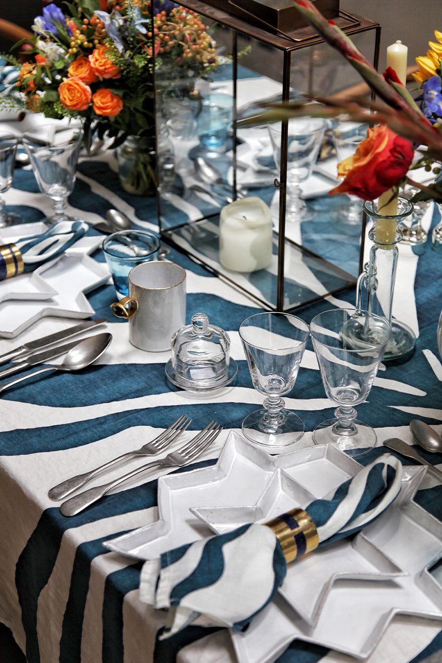 Zebra Linen Tablecloth in Petrol Blue