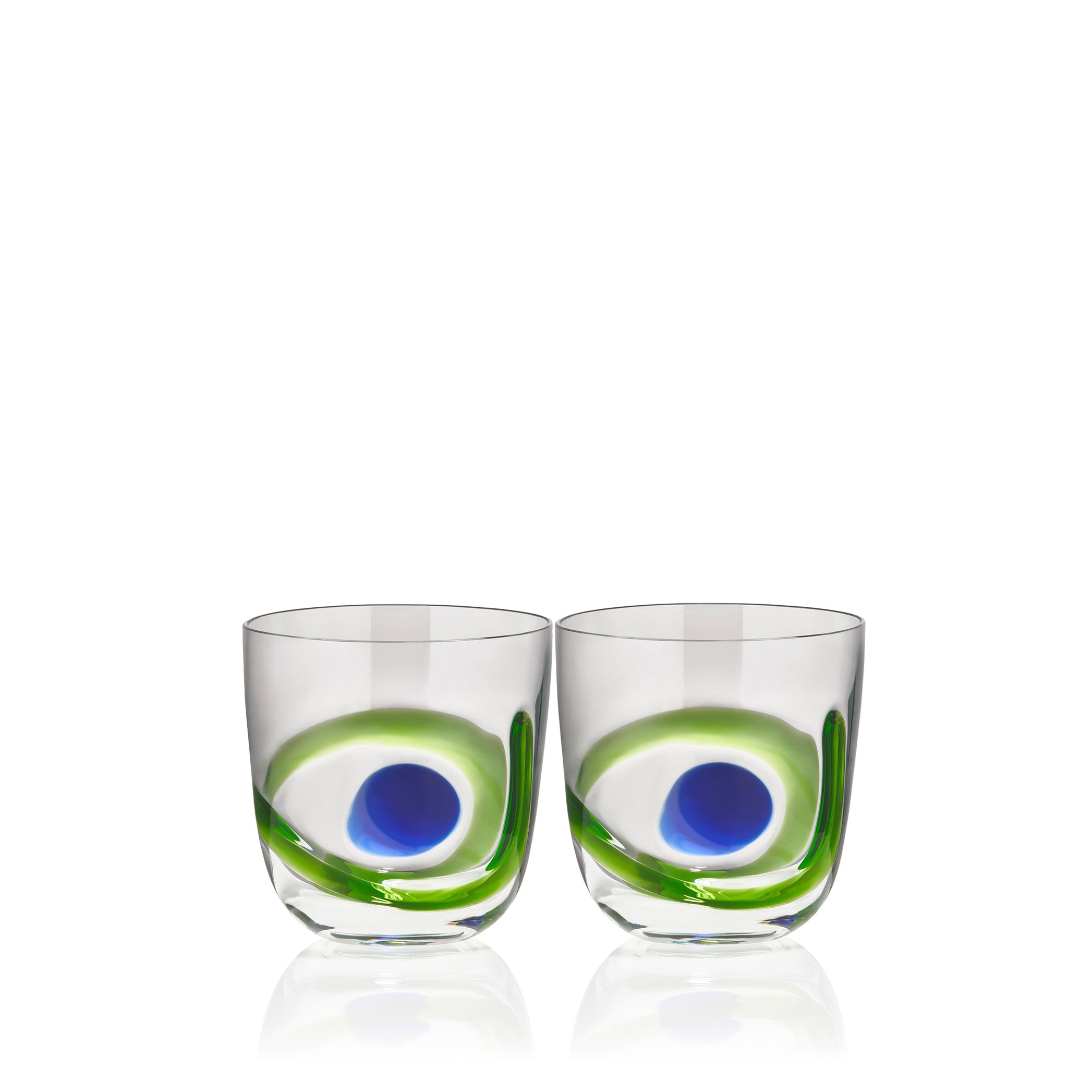 Set of Two Murano Spot & Swirl Handblown Glass Tumblers in Green and Blue, 8.5cm
