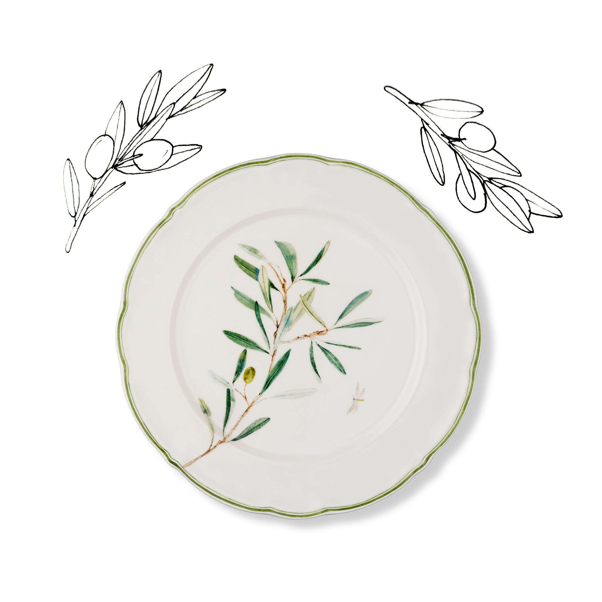 Olive Branch Scalloped Dinner Plate With Brown Dragonfly, 26cm