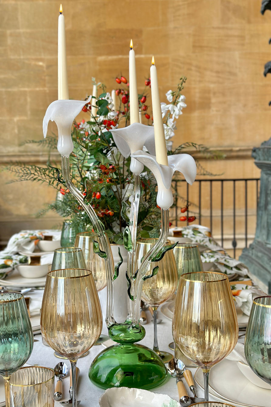 Calla Lily Green & White Glass 3 Candles Candelabra, 58cm