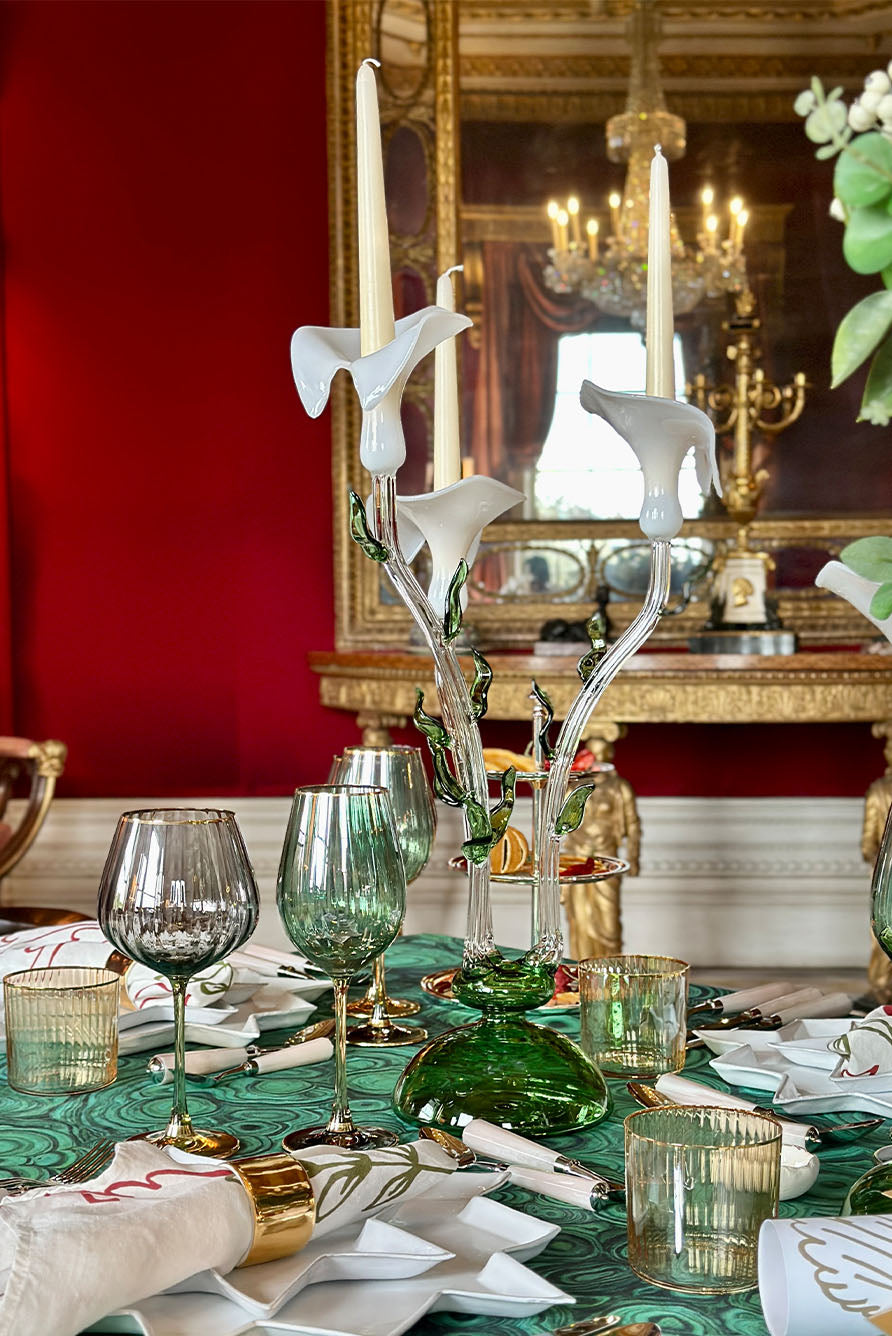 Calla Lily Green & White Glass 3 Candles Candelabra, 58cm