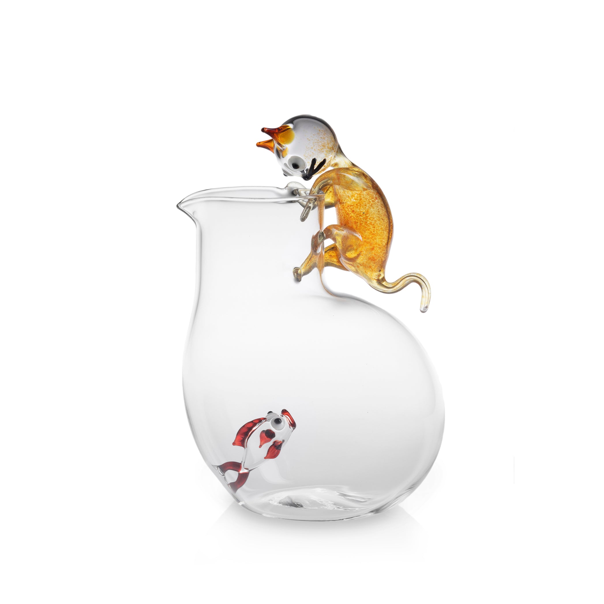 Handblown Glass Cat and Fish Jug, 25cm