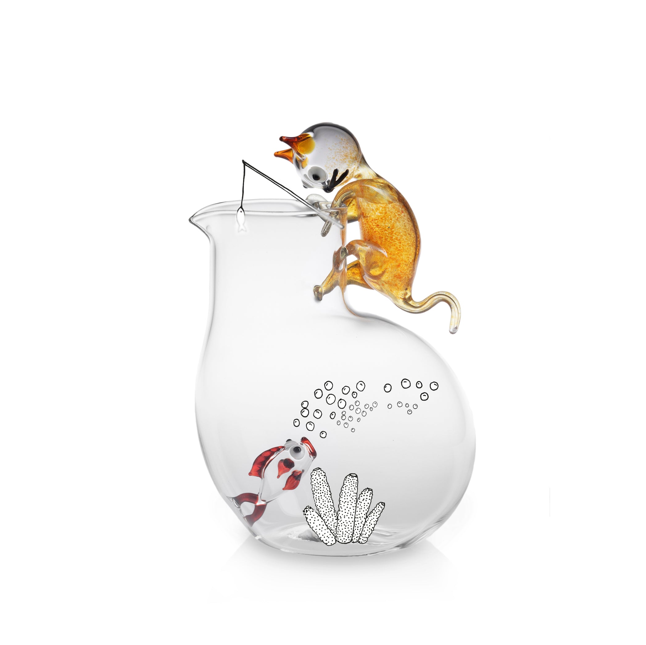 Handblown Glass Cat and Fish Jug, 25cm