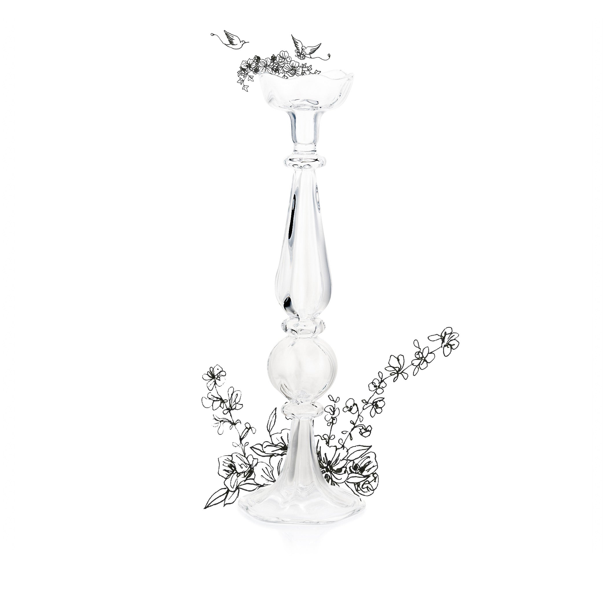 Clear Handblown Glass Flower Candlestick, 41cm