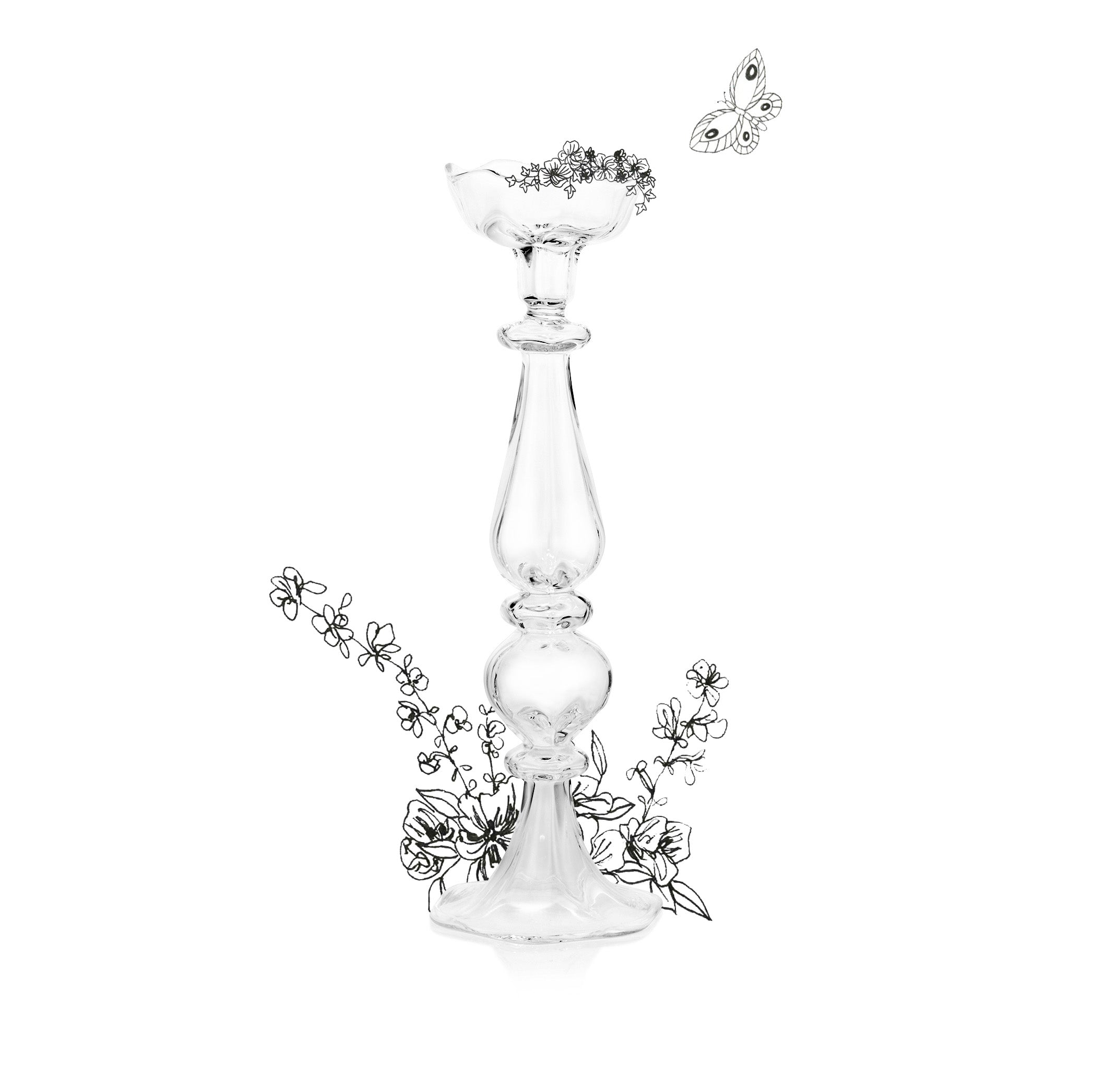 Clear Handblown Glass Flower Candlestick, 36cm