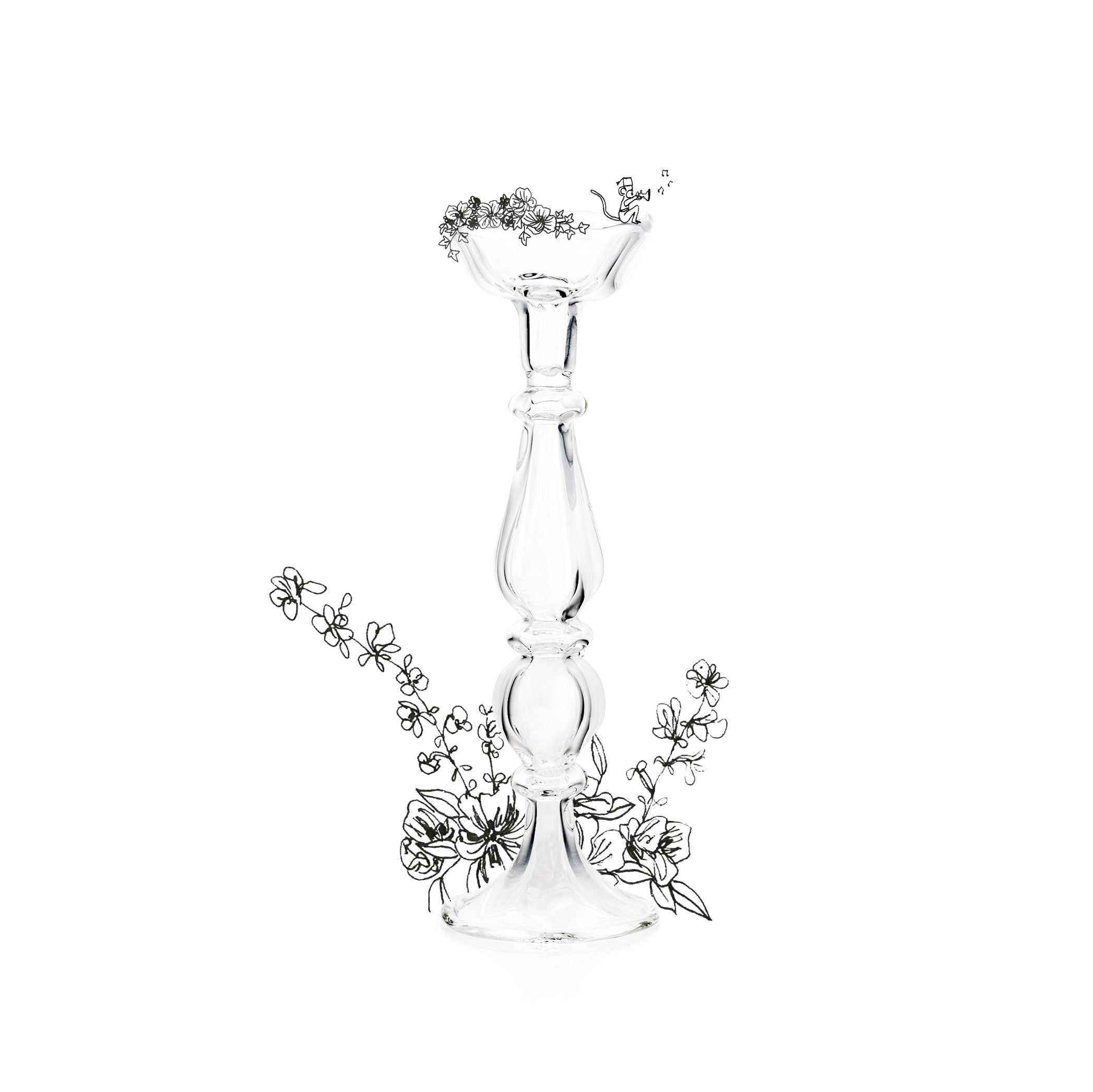 Clear Handblown Glass Flower Candlestick, 31cm