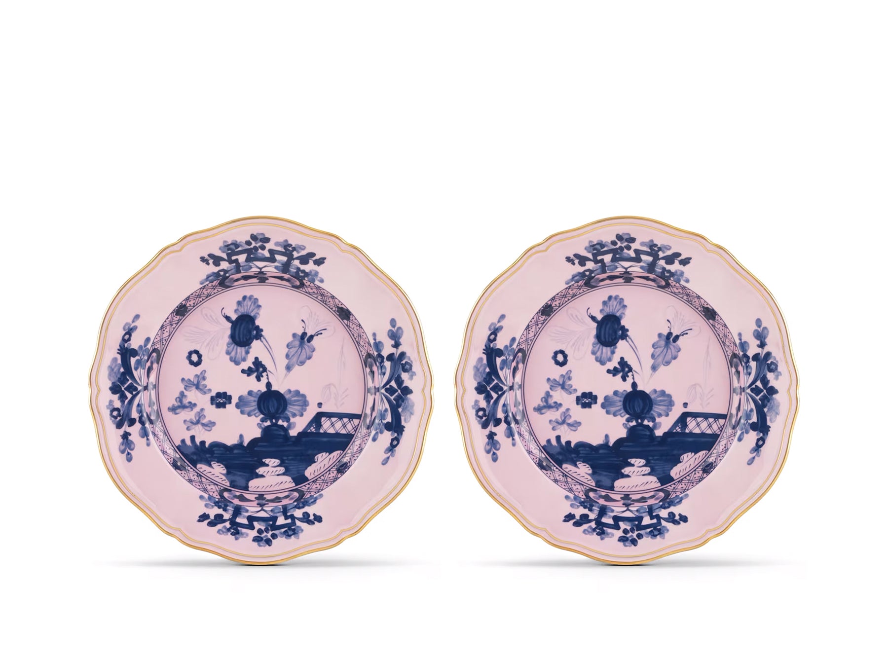 Set of 2 Oriente Italiano 'Azalea' Flat Dinner Plates in Pink & Blue, 26.5cm